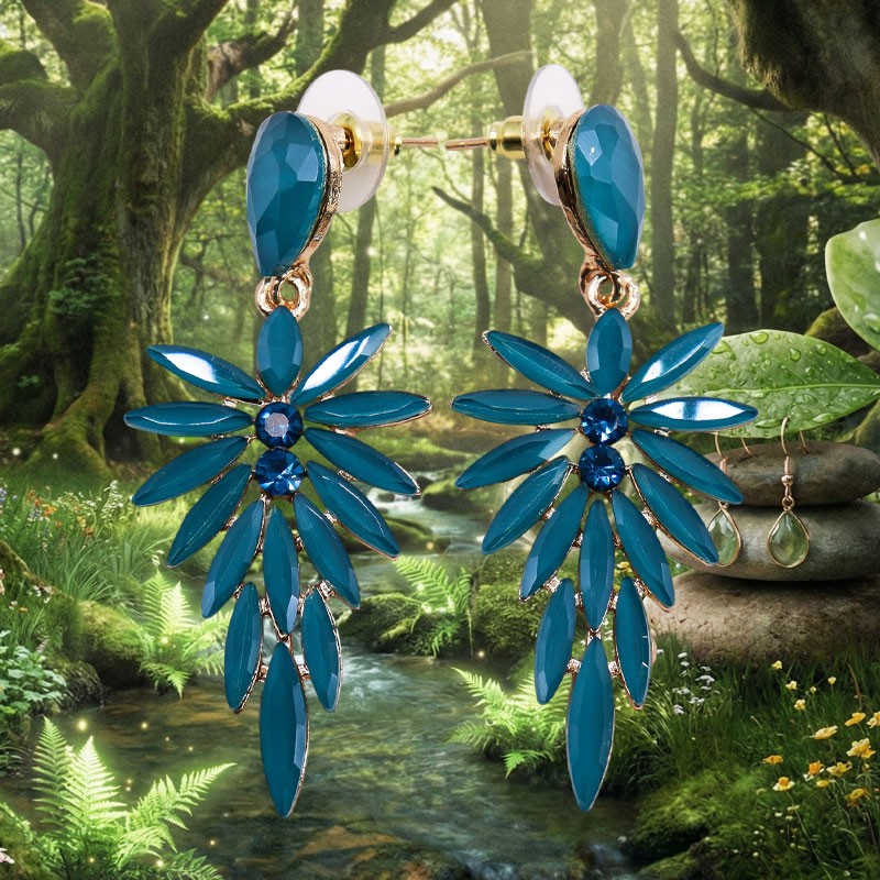 Boucles d’Oreilles Goutte Longue Feuille – Verre Vert Sarcelle | Bijou Féminin Naturel et Élégant