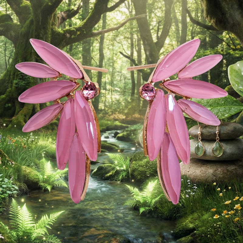 Boucles d’Oreilles Fées – Verre Quartz Rose | Bijou Féminin Poétique et Élégant